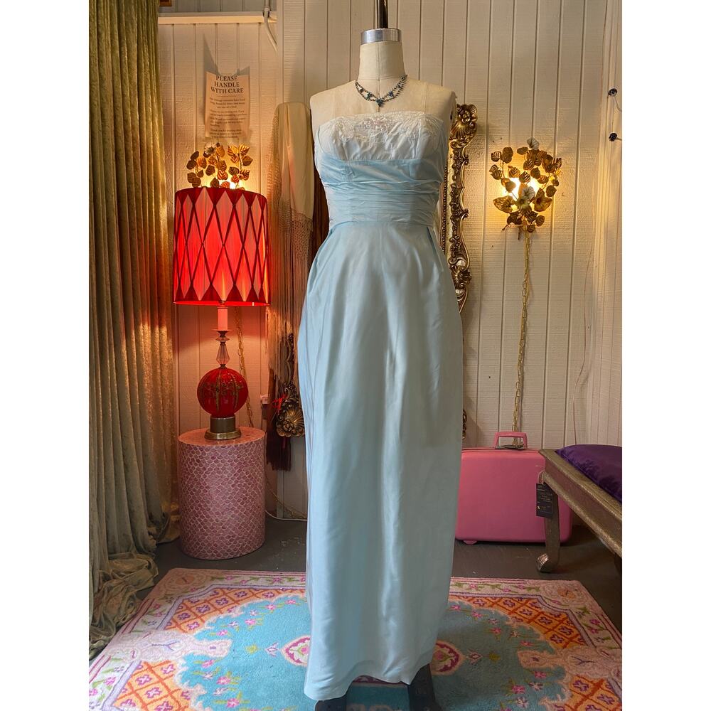 vintage 1960s aqua satin gown 60s strapless formal dress sequin shelf bust small
